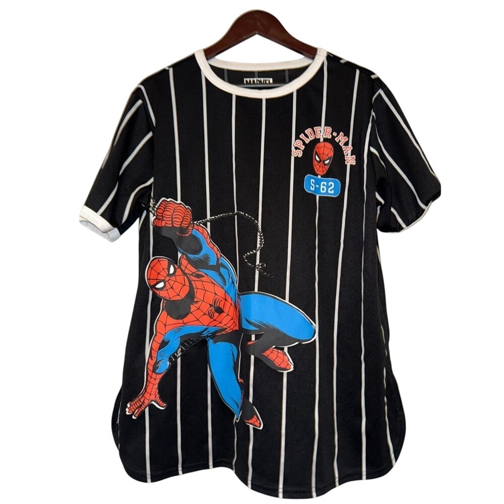 Marvel Spider-Man Baseball Jersey Women Large Black Excellent Pinstripe Mesh